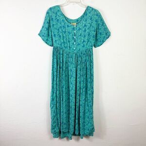 Vintage Done Down Under Aqua Teal Floral Button Front Tie Back Midi Dress Size S